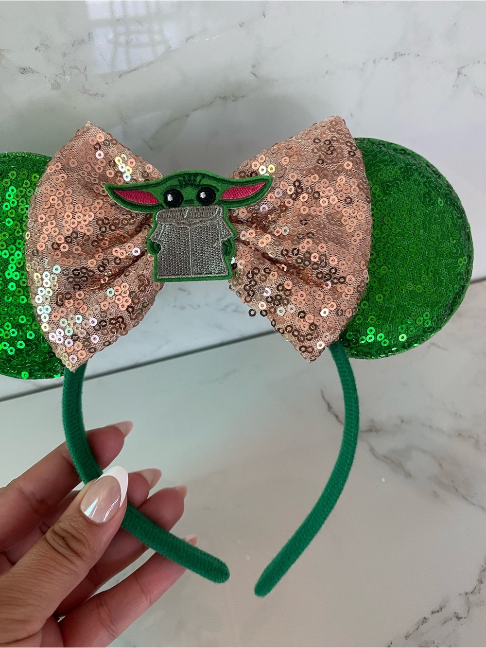 Sequin Green & Rose Gold Kids Ear Headband with Baby Yoda Accent